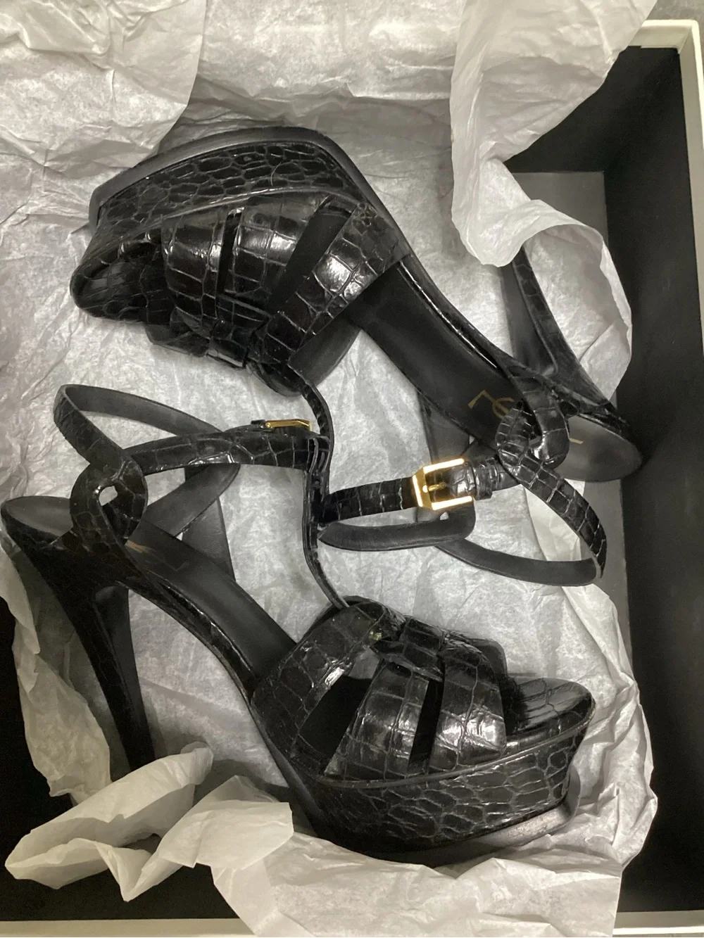 Yves Saint Laurent Tribute 105 Platform in Black Croc Embossed Leather